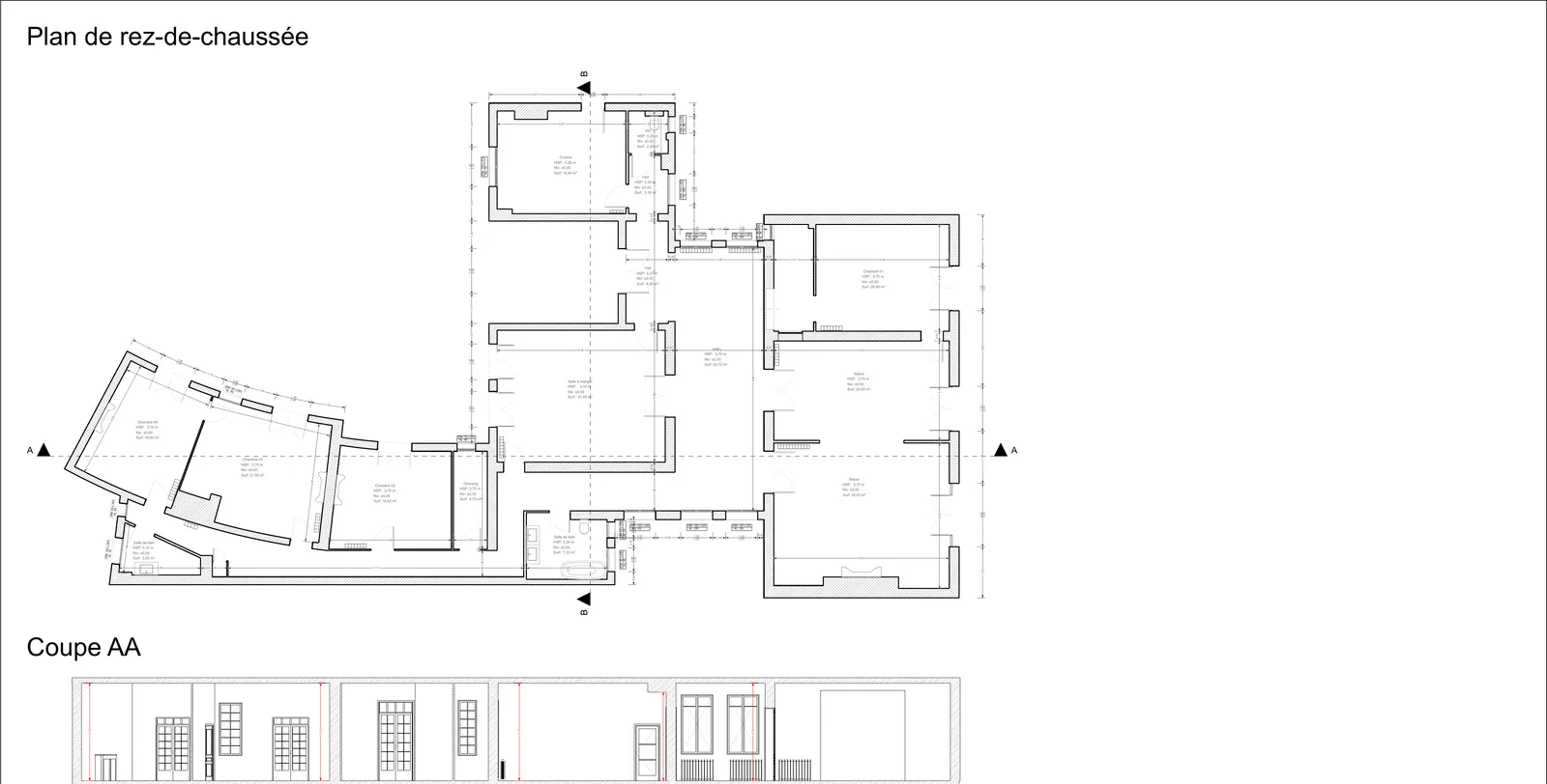 Plan de rez-de-chaussée et coupes d’un appartement de 284 m² d’un seul tenant.