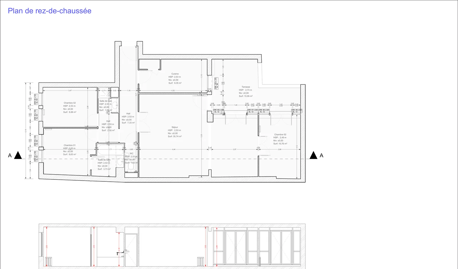 Plan de rez-de-chaussée et coupe, appartement avec terrasse.
