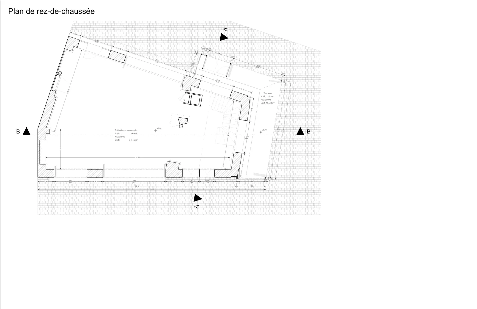 Plan de rez-de-chaussée, salle de consommation de 74 m² et terrasse.