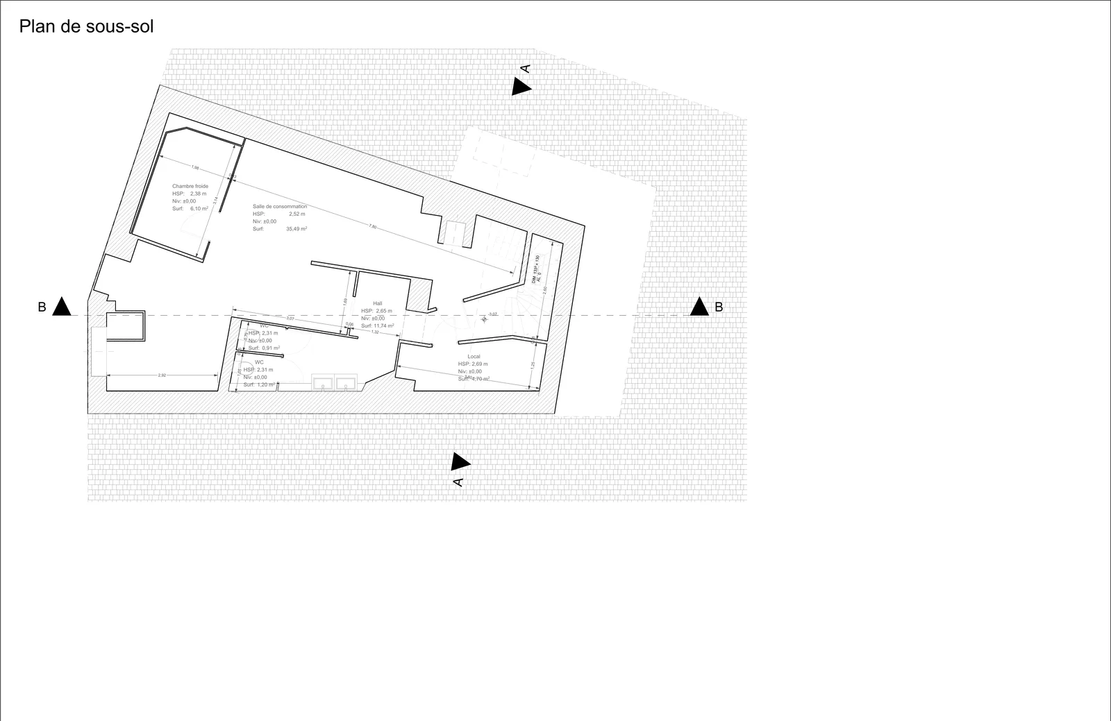 Plan de sous-sol, seconde salle et chambre froide.