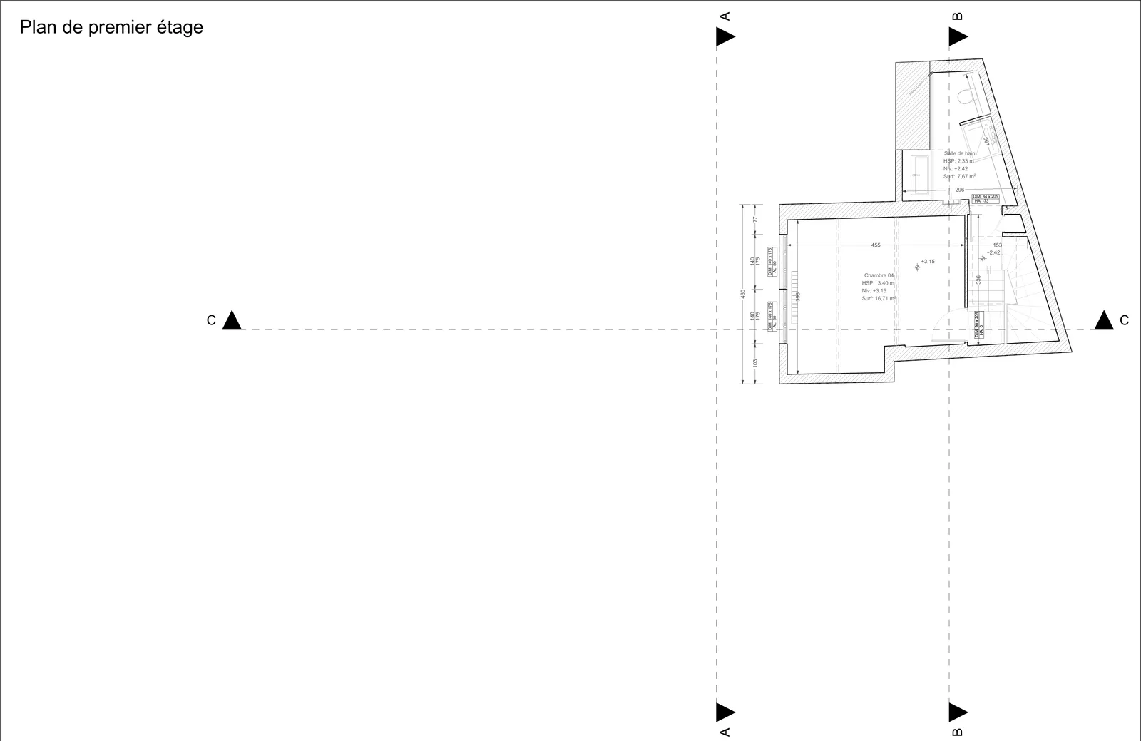 Plan de premier étage coté, niveau partiel du duplex.