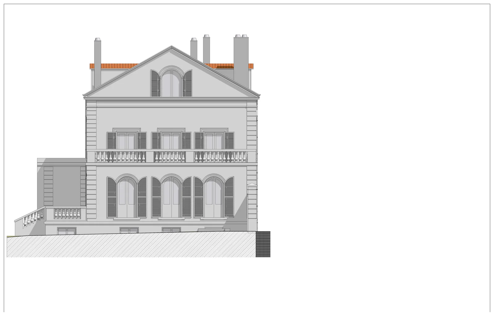 Élévation de façade sur jardin : fronton, baies en plein cintre à archivolte, balustrade et volets persiennés.