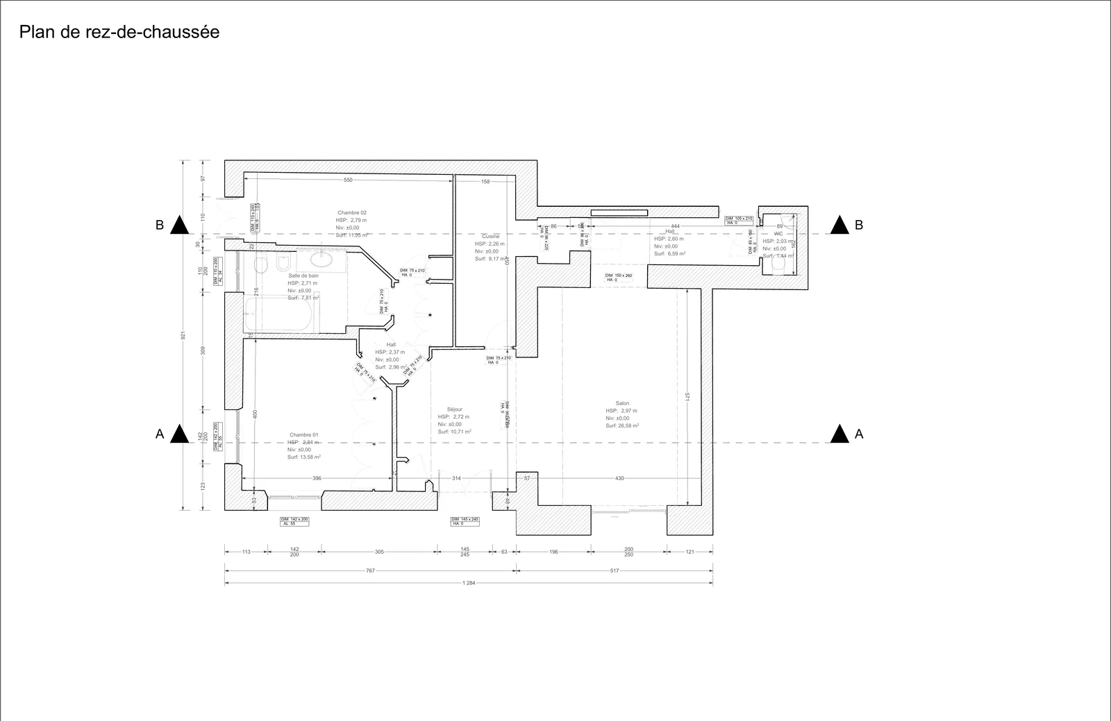 Plan de rez-de-chaussée coté, 90 m² sur un niveau.