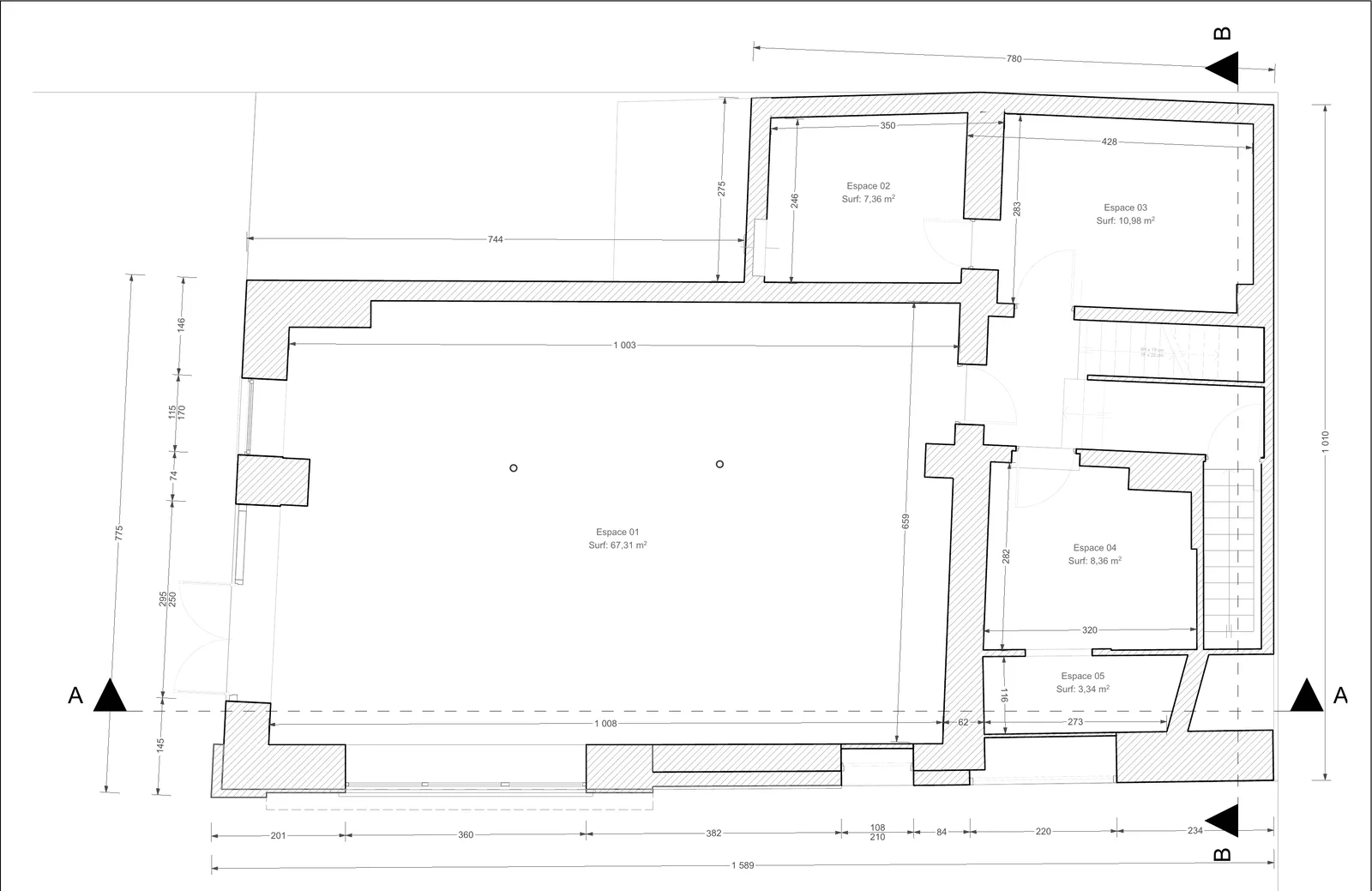 Plan de rez-de-chaussée, volume unique de 67 m².