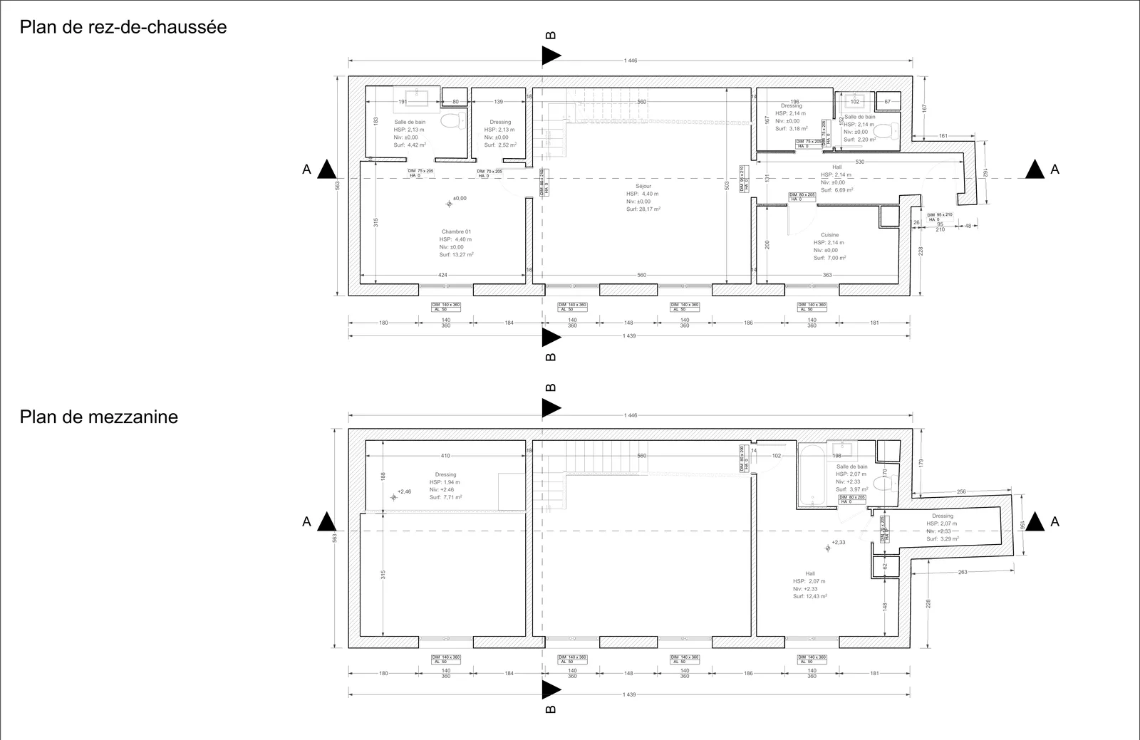 Plans de rez-de-chaussée et de mezzanine cotés.