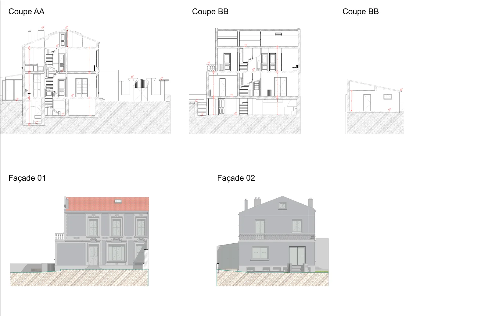Coupes AA et BB, du garage aux combles.