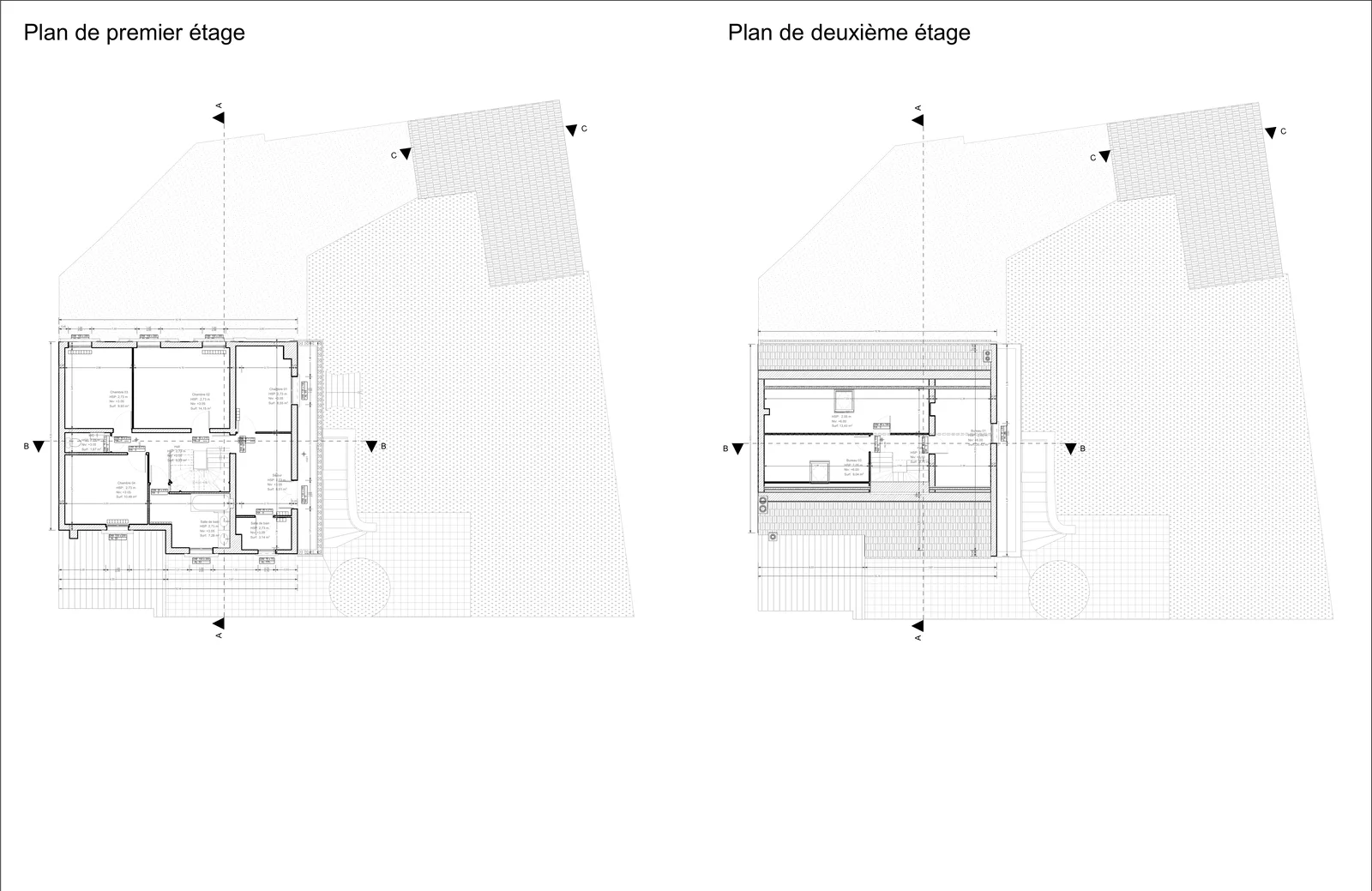 Plans de premier et deuxième étage cotés.