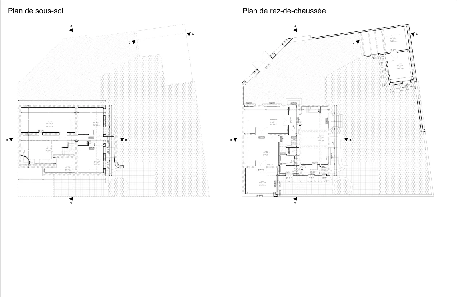 Plans de sous-sol et de rez-de-chaussée avec emprise du terrain.