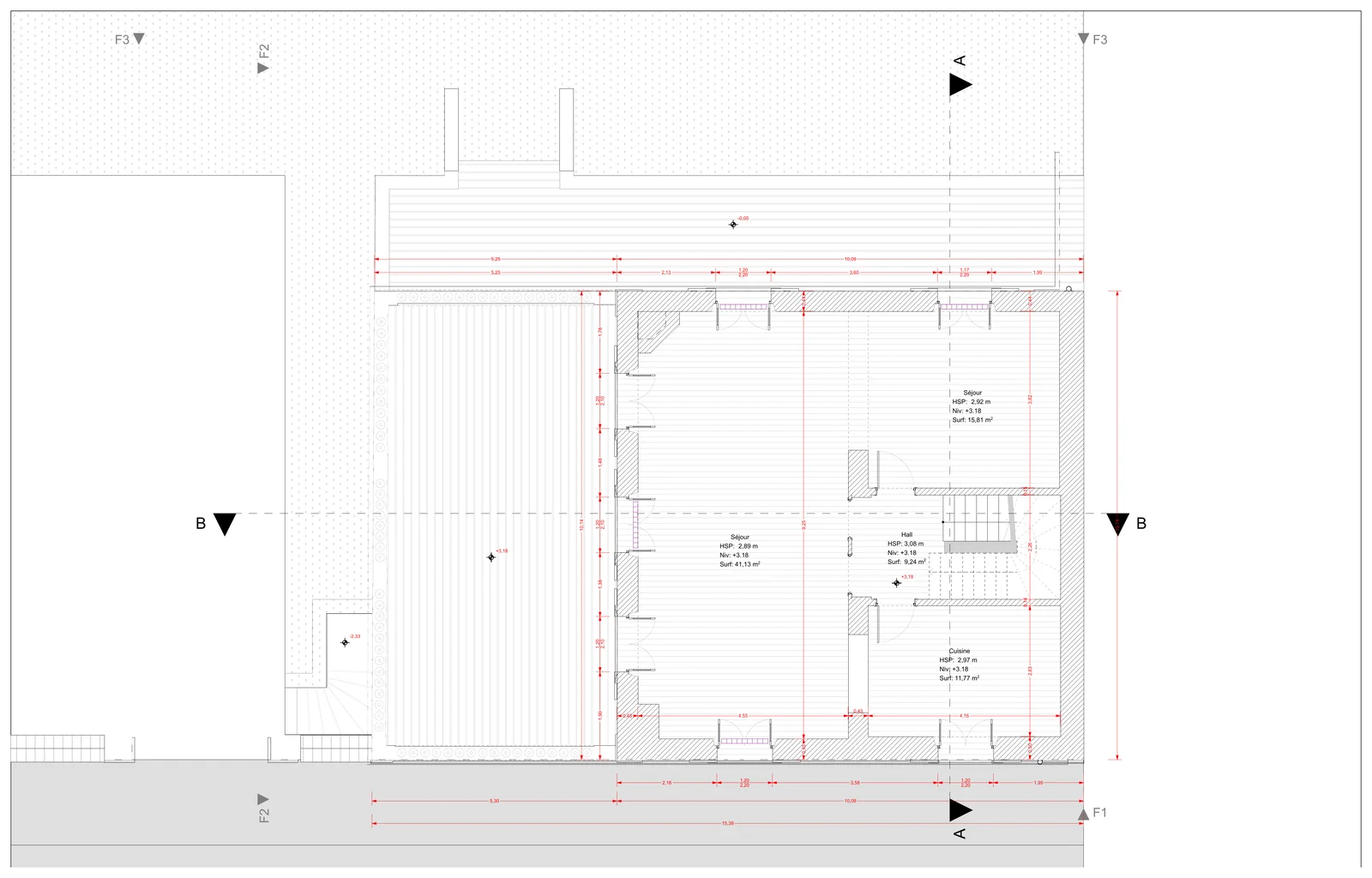 Plan du premier étage : un séjour de 56,9 m², une cuisine et un hall.