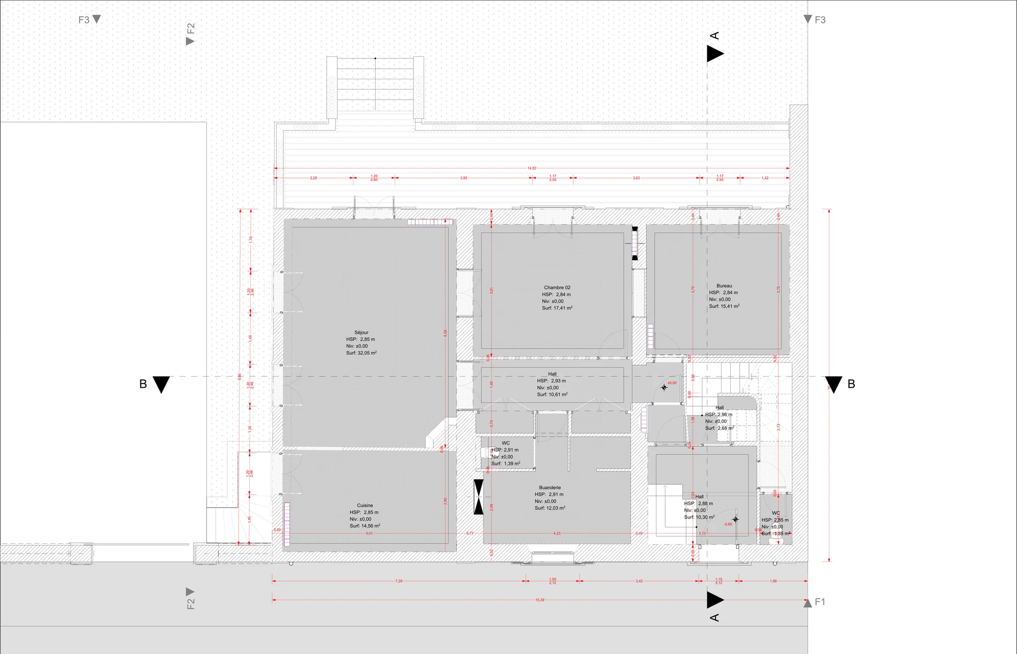 Plan de rez-de-chaussée coté d'une maison de maître : séjour, cuisine, buanderie et bureau, avec hauteur sous plafond et surface par pièce.