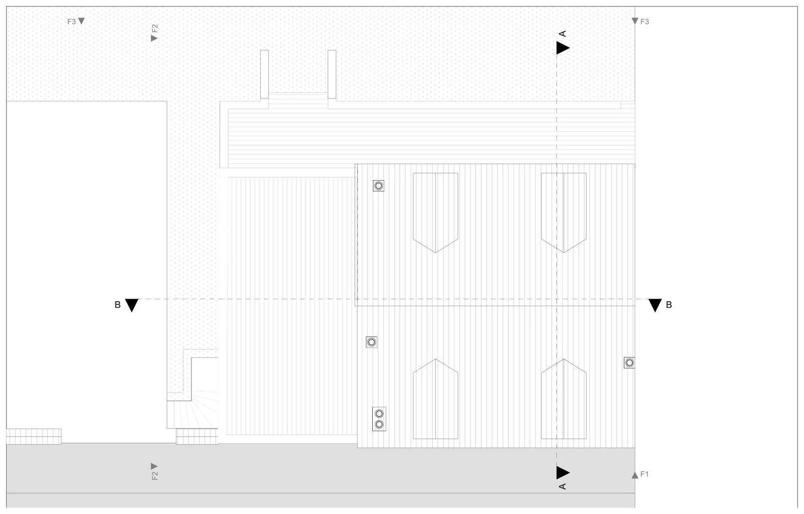 Plan de toiture avec lucarnes, souches de cheminée et noues.