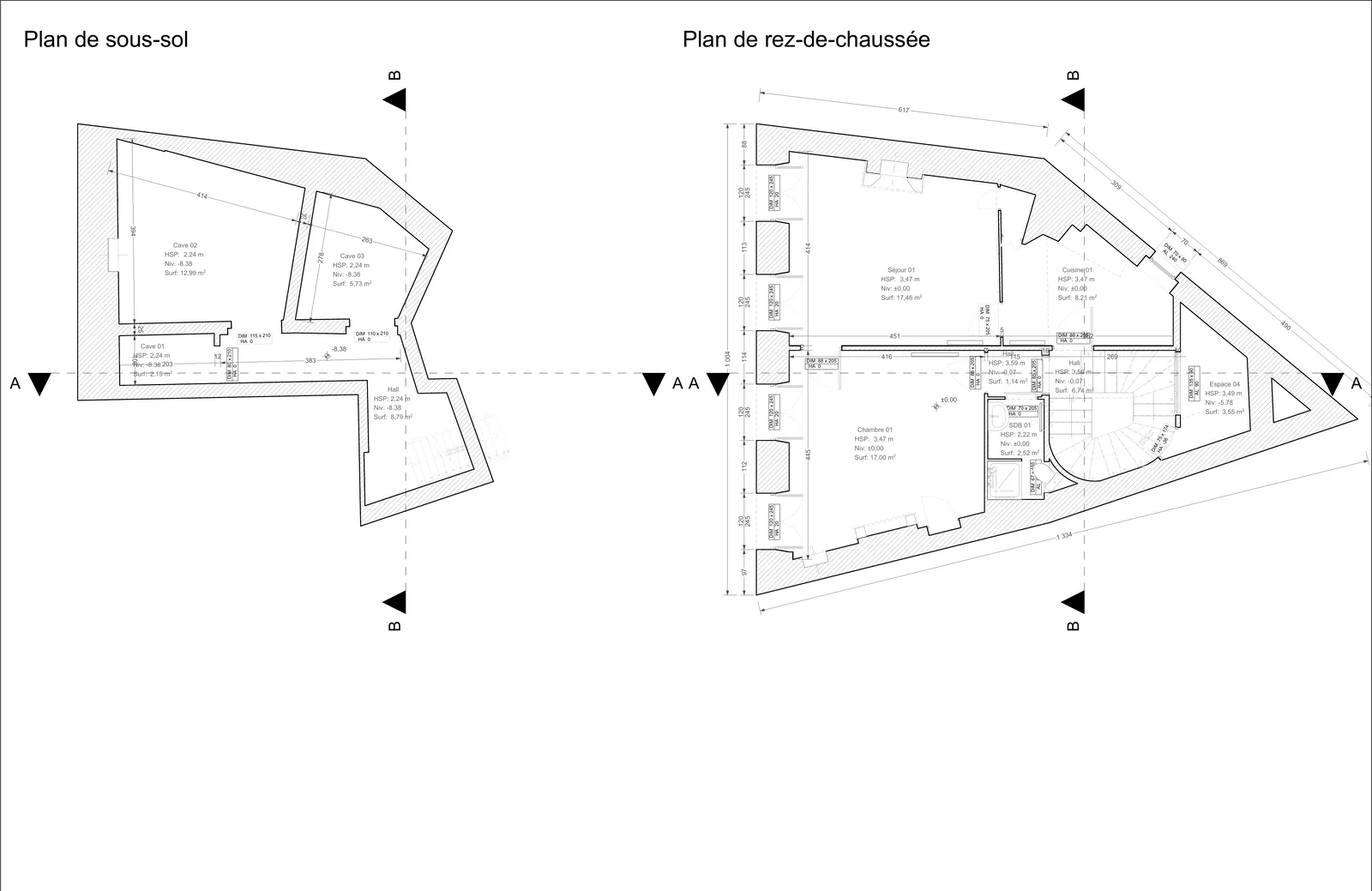 Plans de sous-sol et de rez-de-chaussée, parcelle triangulaire.