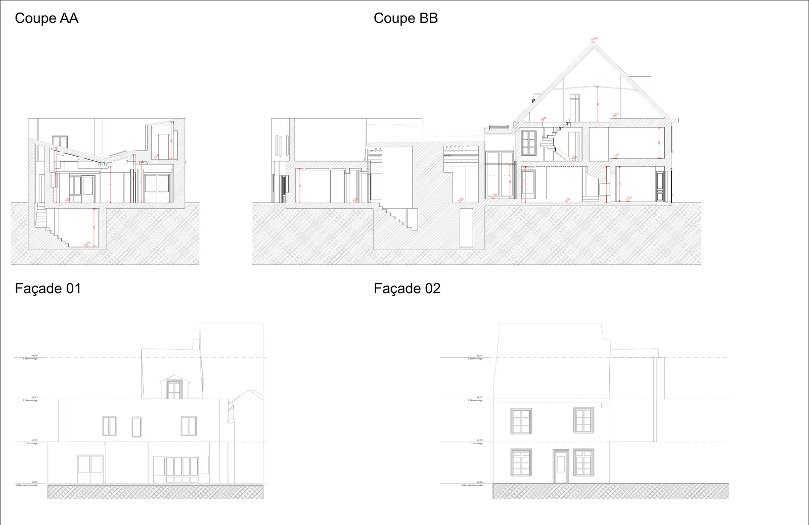 Coupes AA et BB montrant 5,28 m sous plafond.
