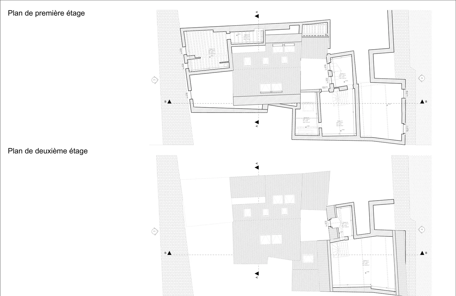 Plans de premier et deuxième étage, emprises partielles.
