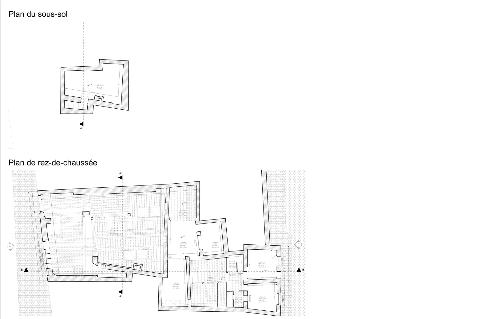 Plans de sous-sol et de rez-de-chaussée d’un bâtiment de 425 m².