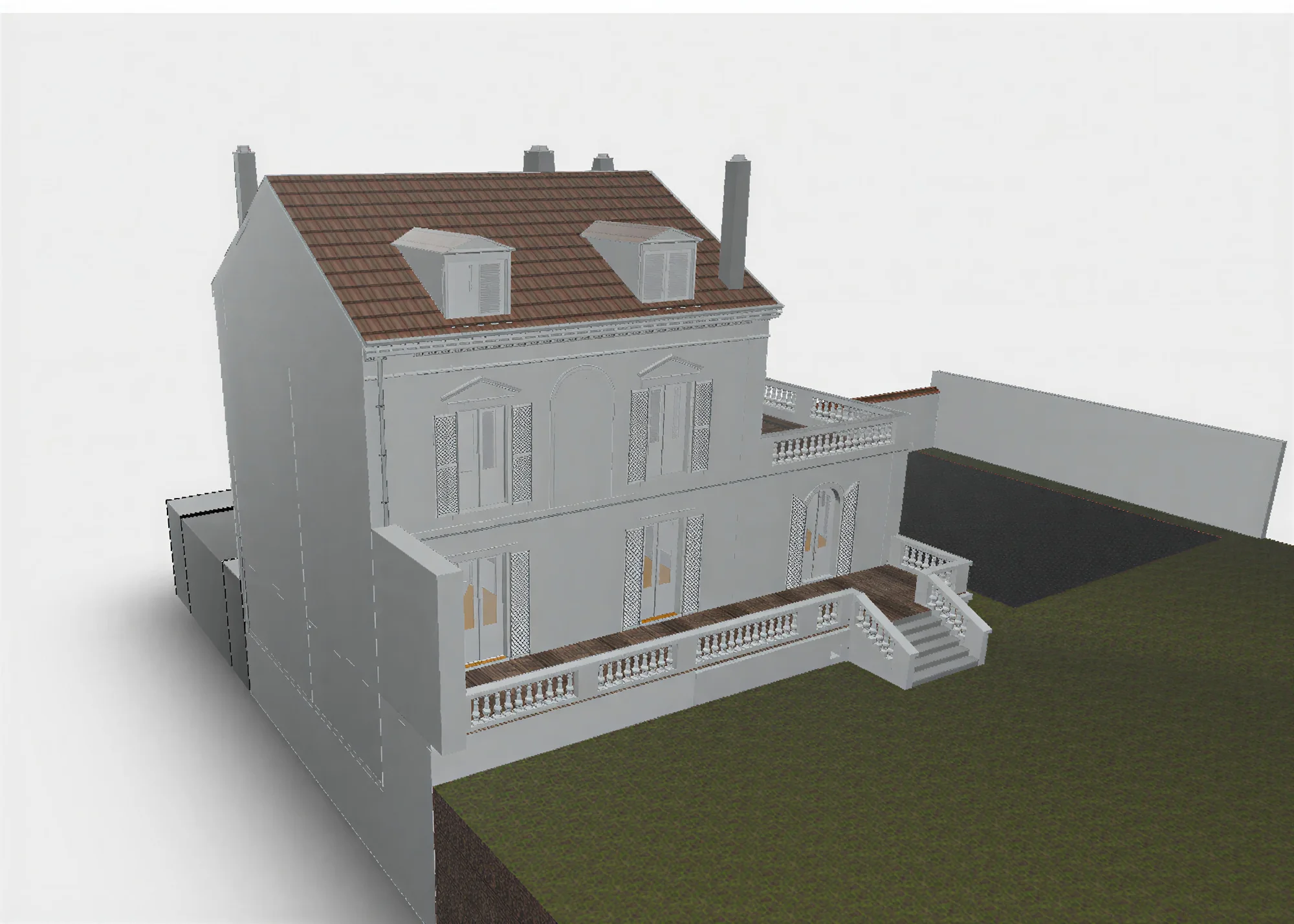 Maquette 3D d'une maison de maître existante modélisée depuis un relevé scanner : toiture, lucarnes, balustrades et modénatures.