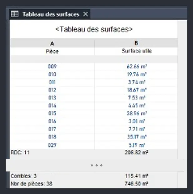 Nomenclature Revit « Tableau des surfaces » : les onze pièces du rez-de-chaussée puis les totaux, 38 pièces et 746,50 m² sur cinq niveaux.