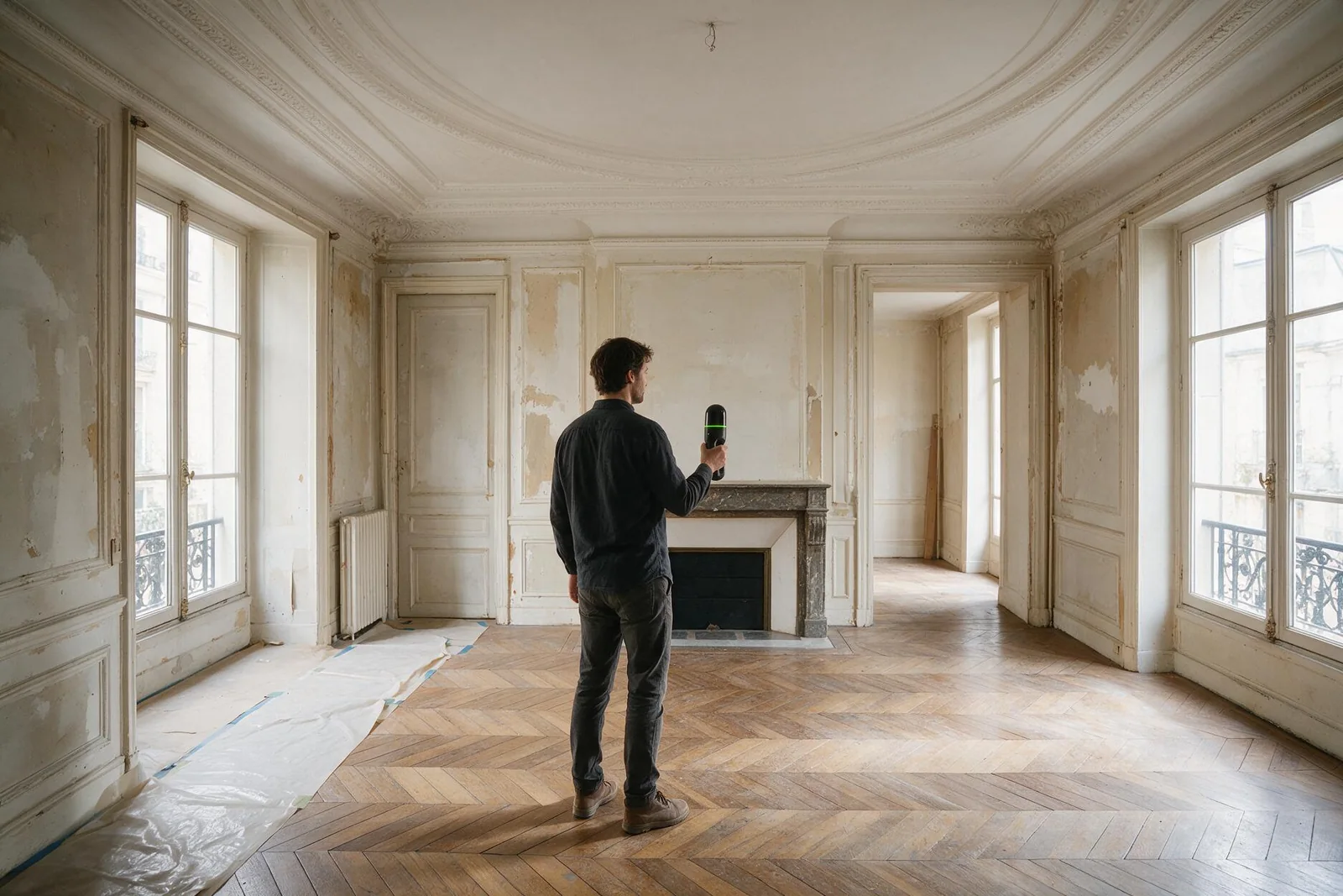 Scanner laser 3D portatif en cours de captation dans un salon haussmannien en rénovation : parquet point de Hongrie, moulures, cheminée en marbre.