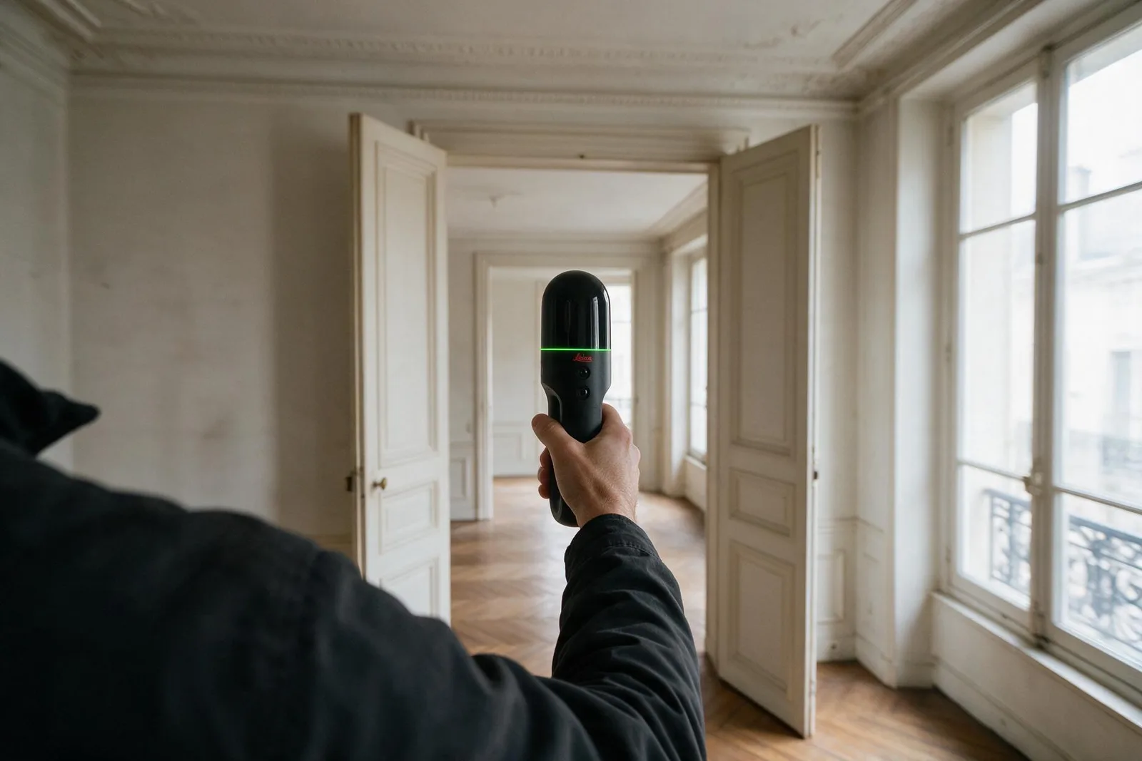 Scanner laser 3D mobile tenu a la main pendant la captation d’une enfilade de pieces haussmanniennes vides.