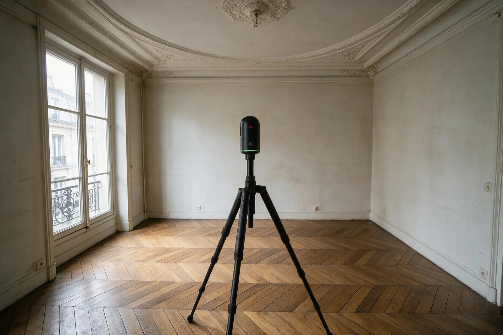 Scanner laser 3D statique en station sur trepied au milieu d’une piece haussmannienne vide : parquet a batons rompus, corniche moulurée, rosace de plafond.
