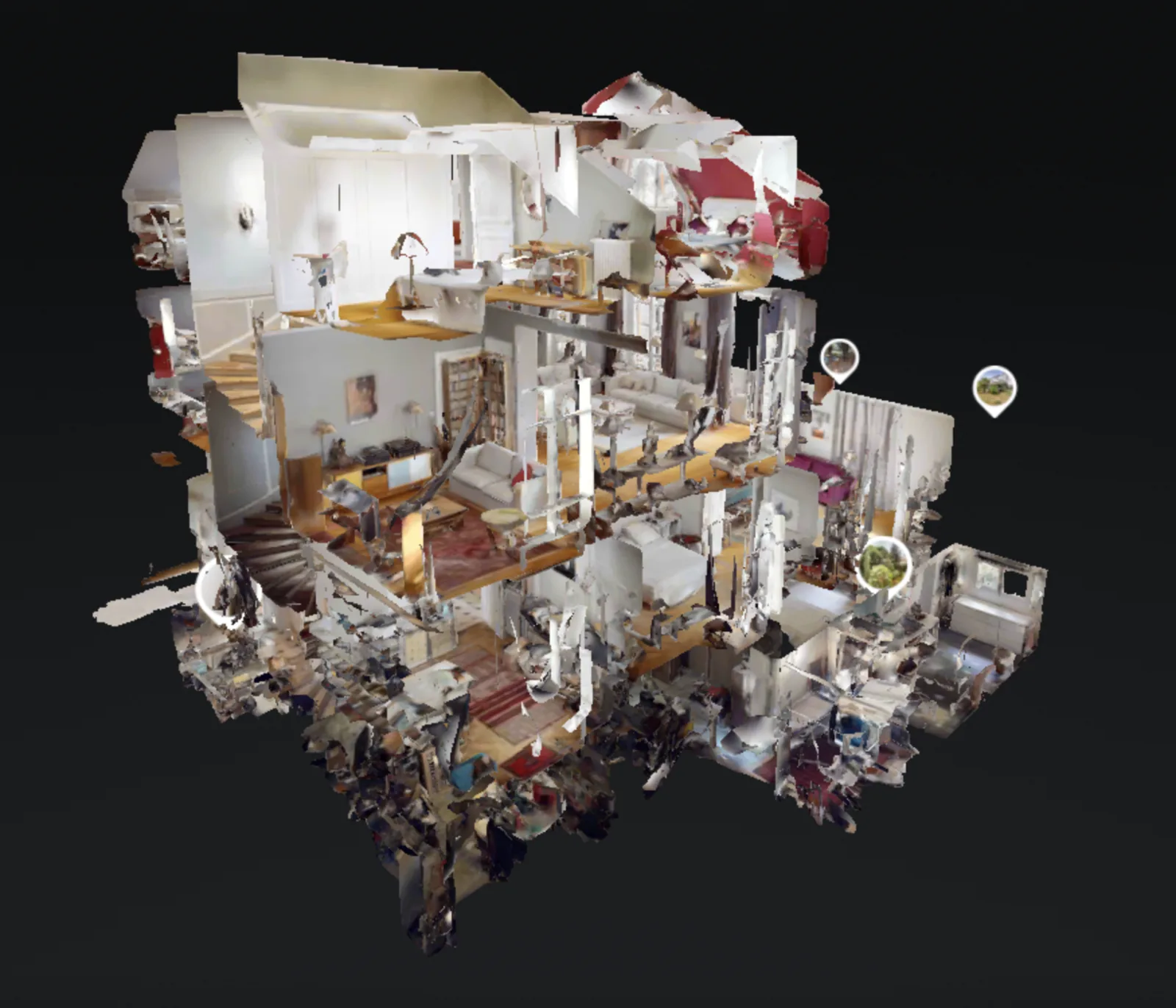 Vue dollhouse d'une visite virtuelle Matterport : une maison entière en 3D, cloisons et niveaux apparents.